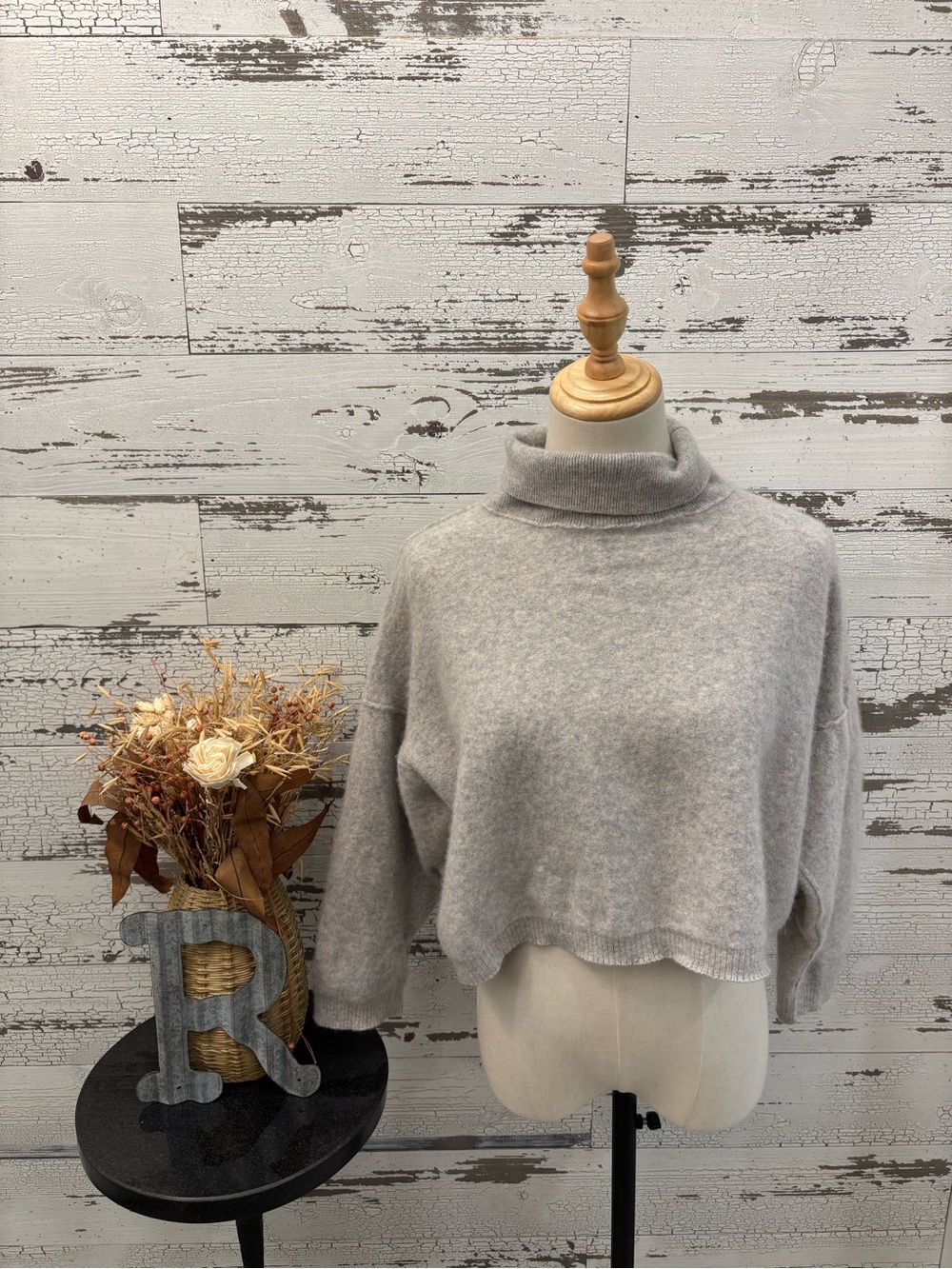 Free People Heather Gray Cropped Turtleneck Sweater